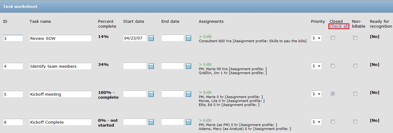 Assignment Profile screen