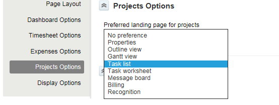 Set the preferred landing page for projects