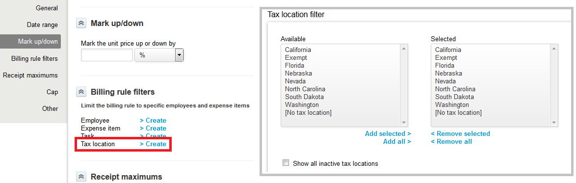 Tax location filter for expense item billing and revenue recognition rule
