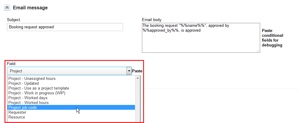 Project Job Code added as condition and field for notification email body to several Booking Notifications
