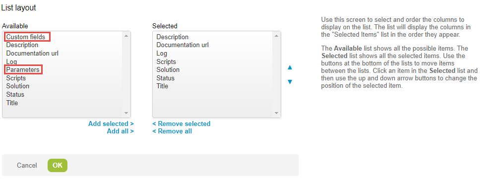 Custom fields and script parameters in Solutions list view