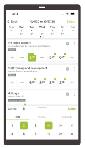 Mobile Time Entry dashboard