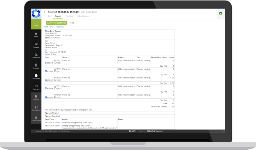 Timesheet Approvals dashboard