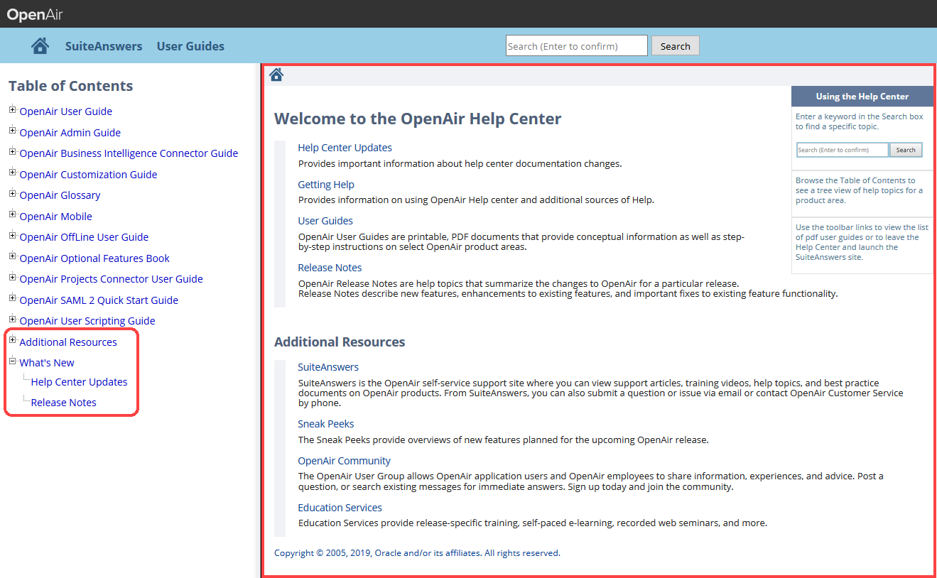 OpenAir Help Center Welcome Screen