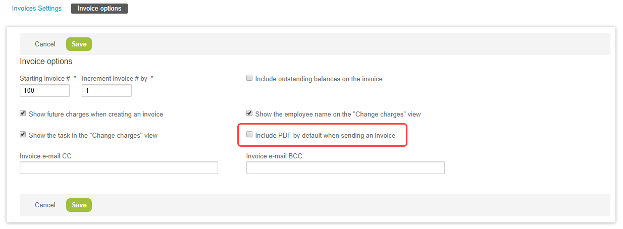 Include PDF by default option in Invoices application settings