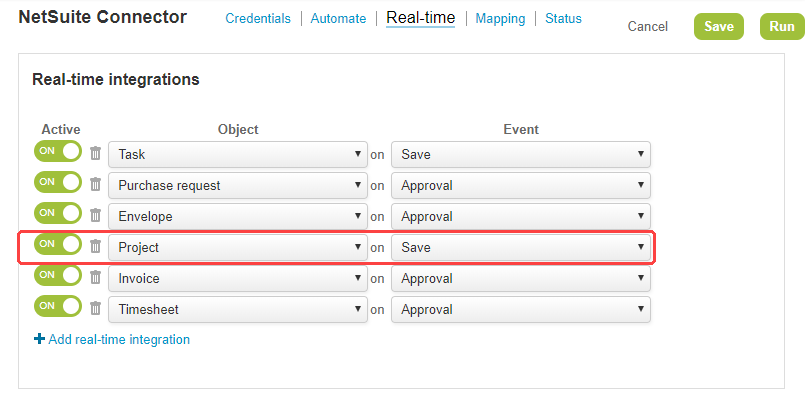 Set the real-time integration to export projects created/updated in OpenAIr to NetSuite